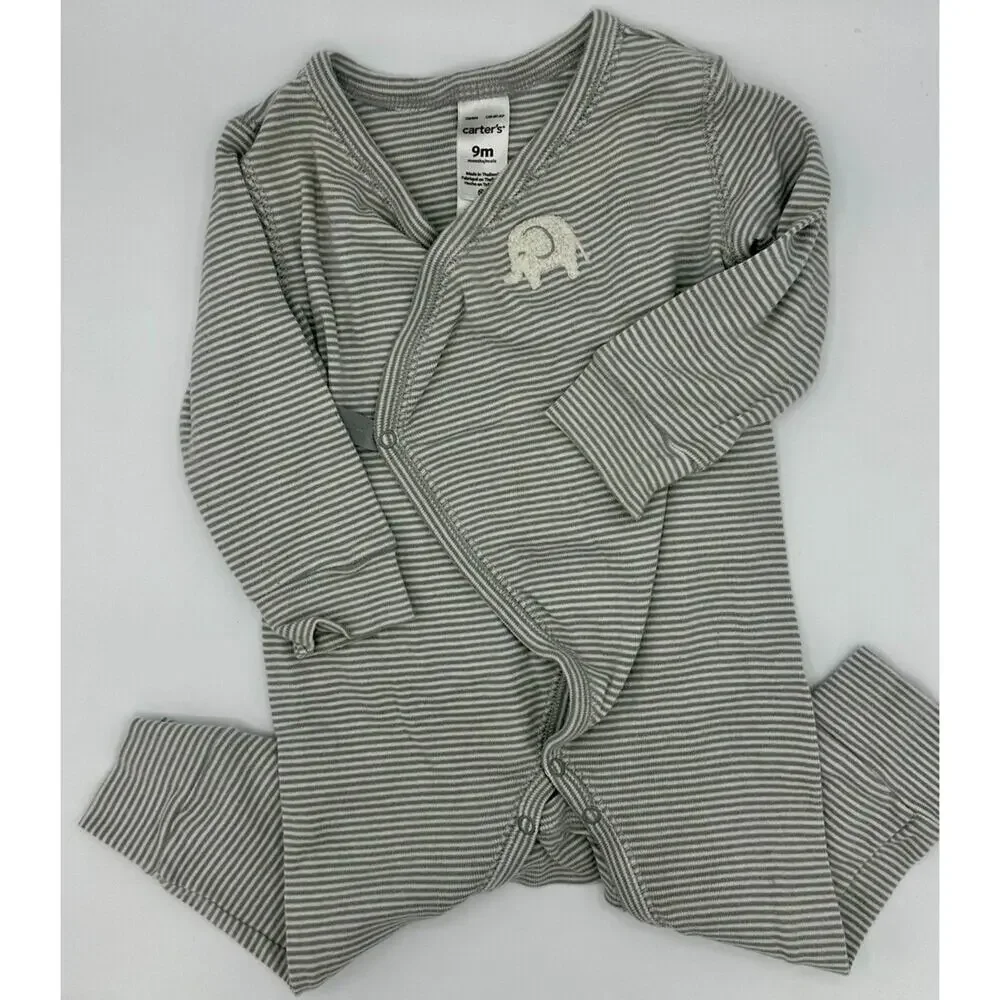 Carter’s Side Snap One-Piece Size 9 Months Elephant Stripe Gray White (789)